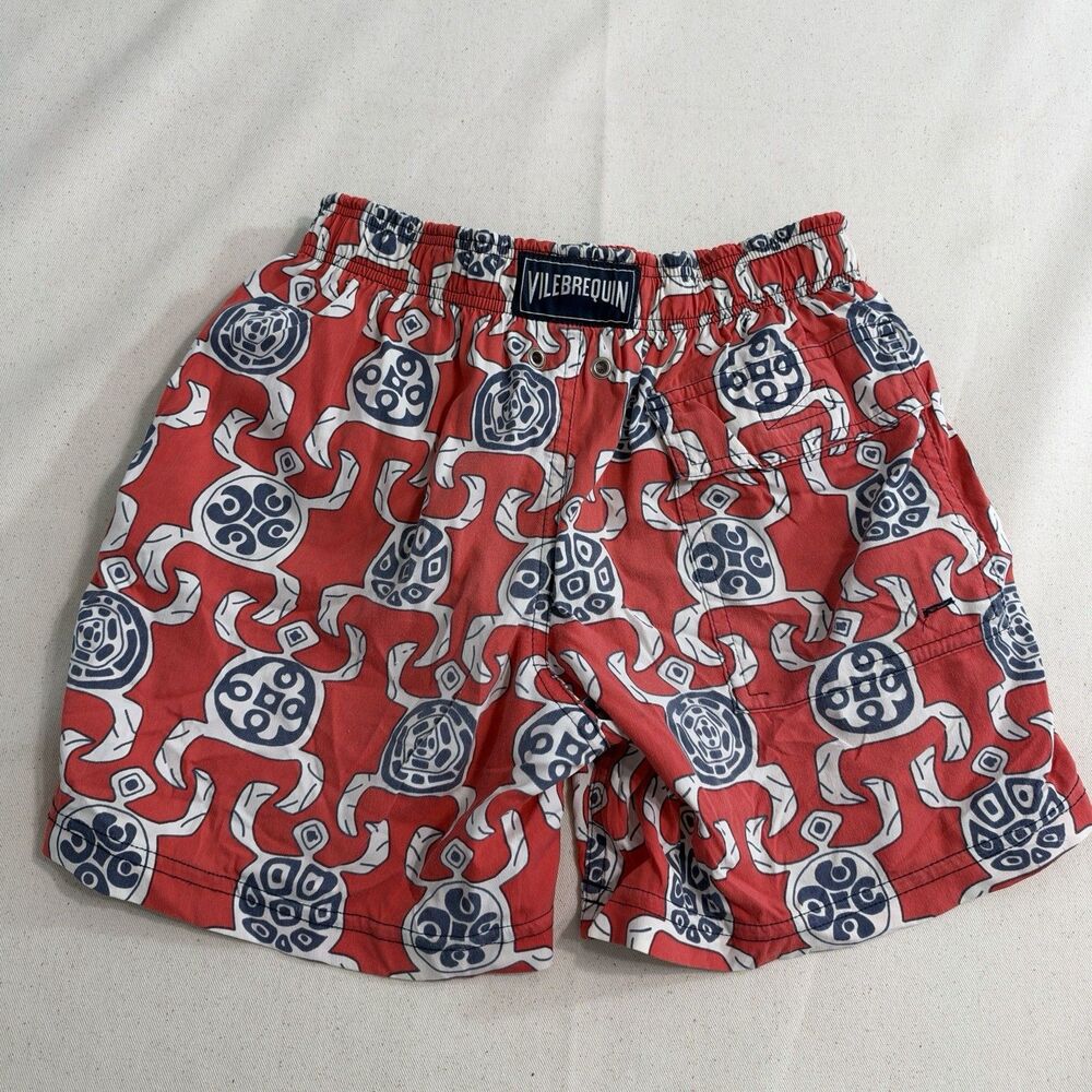 Vilebrequin Boys Size 10 Red Navy Turtle Print Swim Trunks Shorts Faded